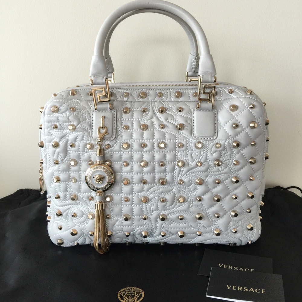 Gianni Versace Vanitas Demetria light gray quilted leather studs satchel bag new